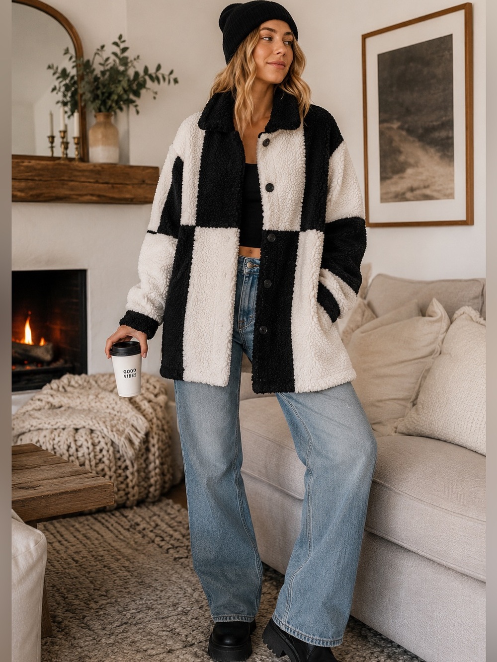 Black & White Checkered Sherpa Teddy Coat Jacket Women’s Large Cozy Button Front